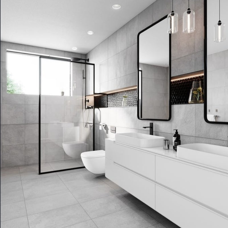 Nice, minimalist, and modern larger bathroom design by Sydney East Building & Renovations at 91 King Street, Mascot.