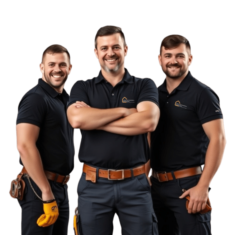 Three smiling male builders from Sydney East Building & Renovations wearing branded navy uniforms and tool belts, standing confidently against a transparent background.