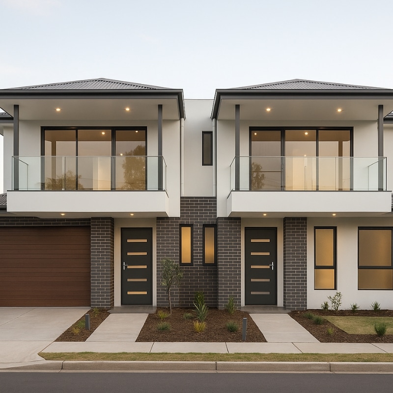 Modern duplex with black and wood exterior, large glass windows, and clean landscaping on a cloudy day