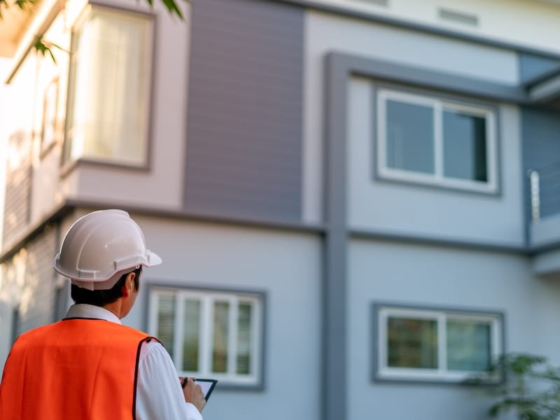 Construction inspector evaluating facade for Best Double Storey House Designs using tablet at modern residential site.