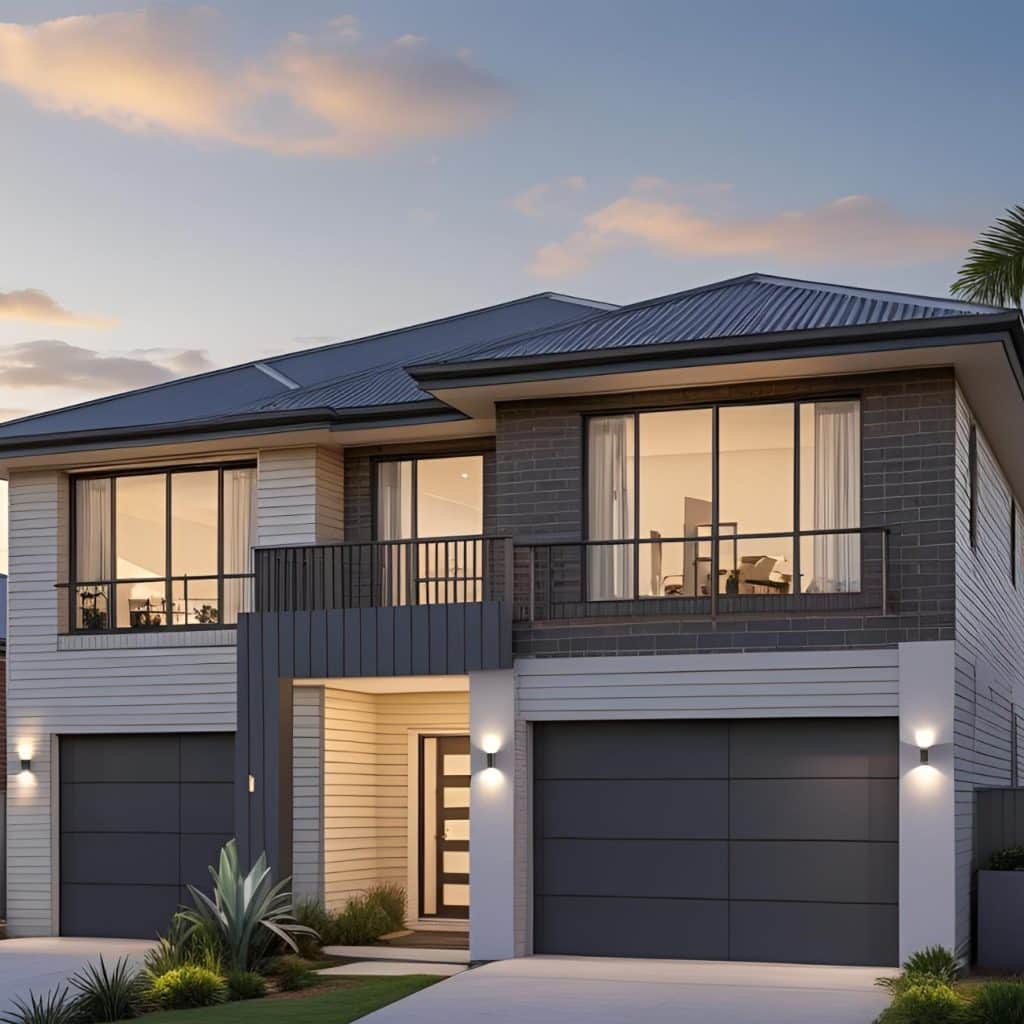 Trusted Duplex Builders in Sydney – Modern single-storey home with grey and white façade, large windows, manicured lawn, and clean entryway