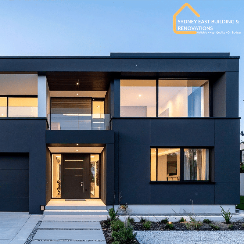 Contemporary double storey home with minimalist dark façade and glass features by Double Storey Home Builders In Eastern Suburbs.