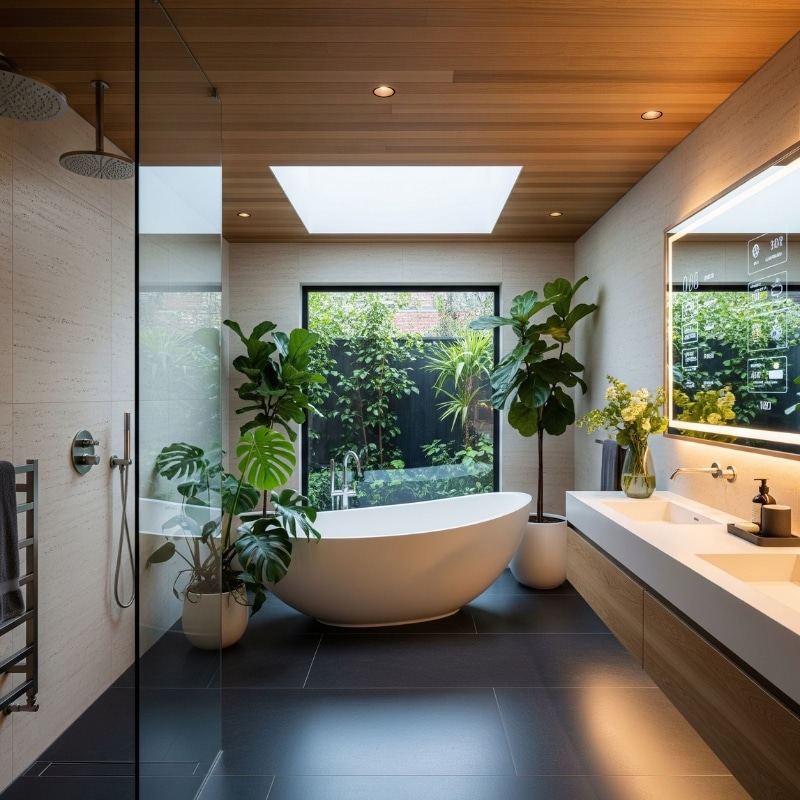 Bathroom renovation with new AI mirror, wall tiles, and LED lighting.