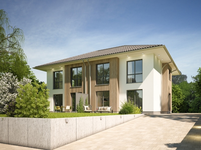 Modern duplex design with wood accents, large windows, and landscaped garden.