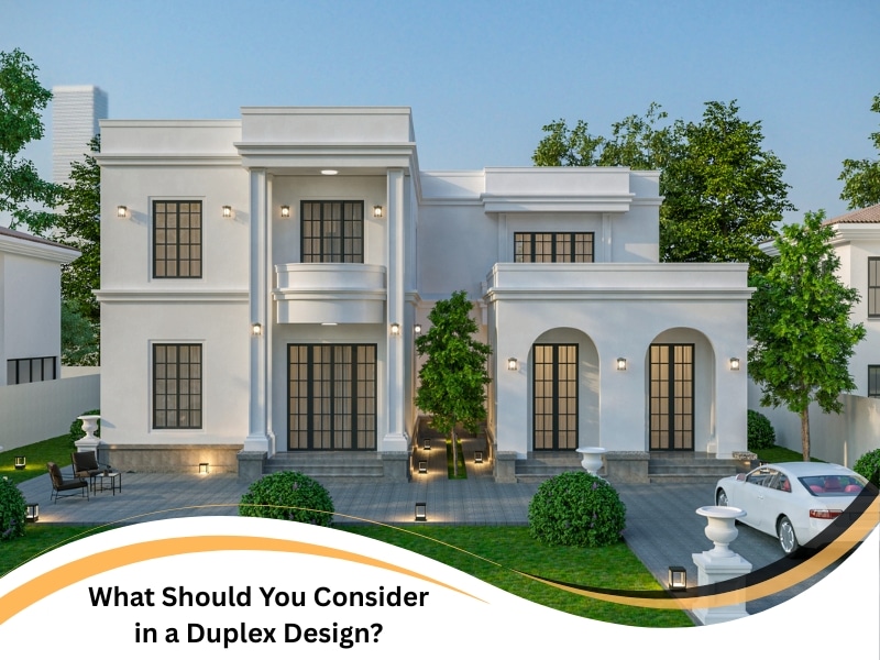 Elegant duplex design with columns, large windows, and landscaped garden.
