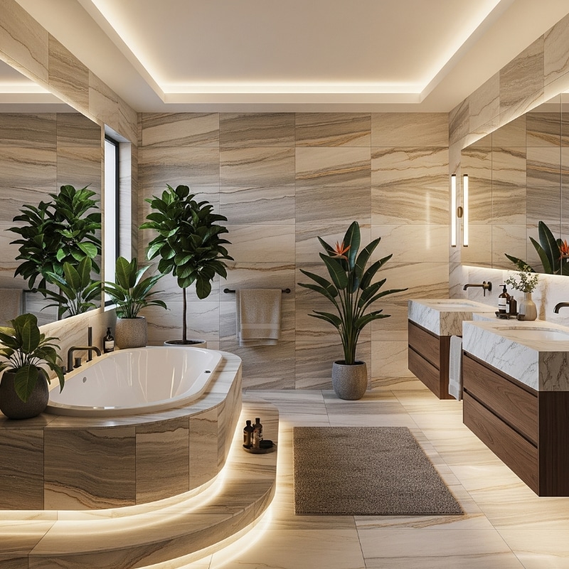 Modern bathroom renovations in Sydney with luxury tiles and walk-in shower.