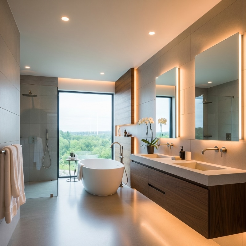 Luxury bathroom renovations with freestanding bathtub and feature lighting.