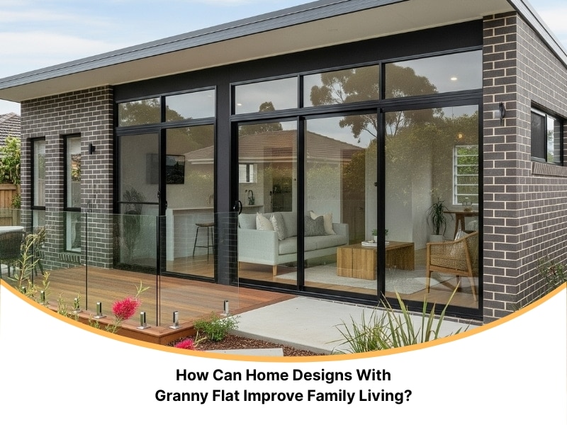 Contemporary home designs with granny flat featuring brick walls, glass sliding doors, and outdoor patio