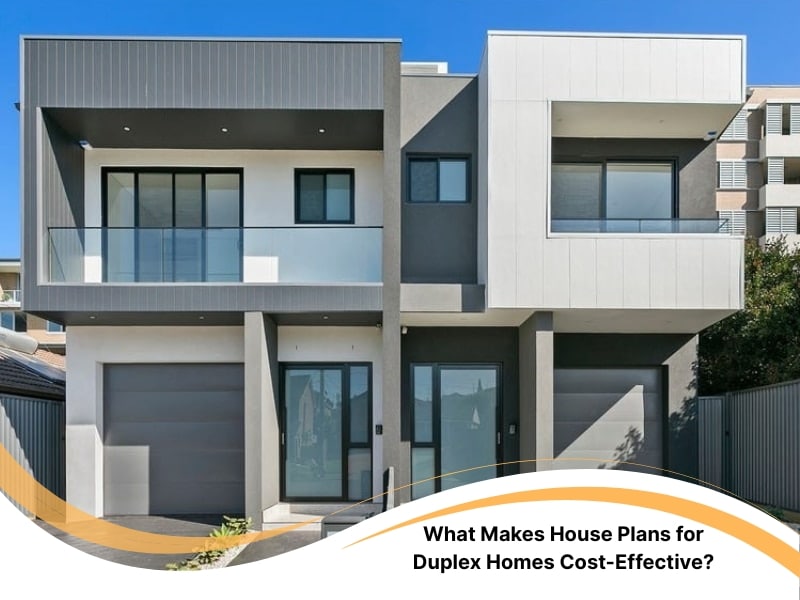 house plans for duplex homes featuring modern two-storey design with garages and balconies.