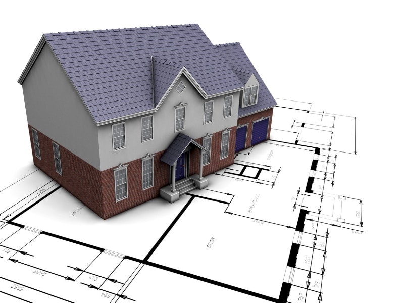 3D model showcasing house plans for duplex homes on architectural blueprints.