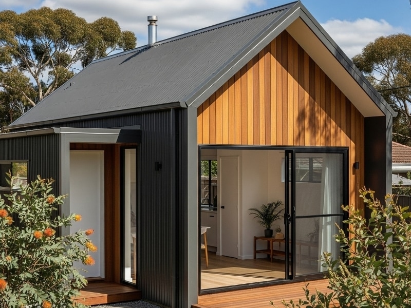 Modern home designs with granny flat featuring timber cladding and steel exterior for compact living