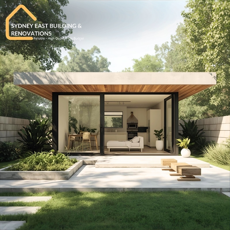 Granny flat in Beaconsfield with modern glass doors and landscaped greenery