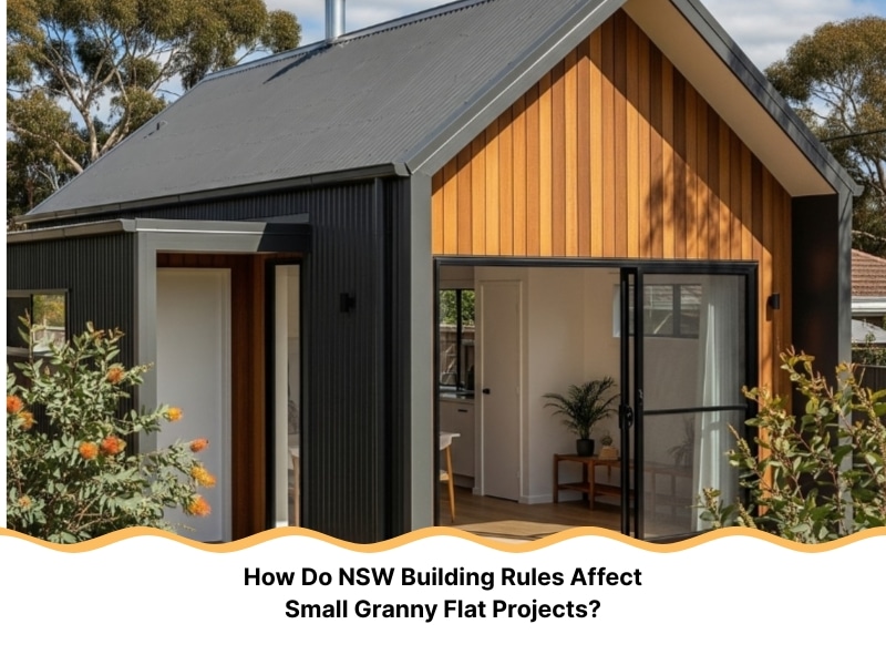 Modern small granny flat with timber facade and black metal cladding