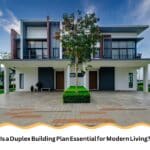 A modern two-storey duplex home with mirrored layouts and landscaped frontage, representing a completed duplex building plan.