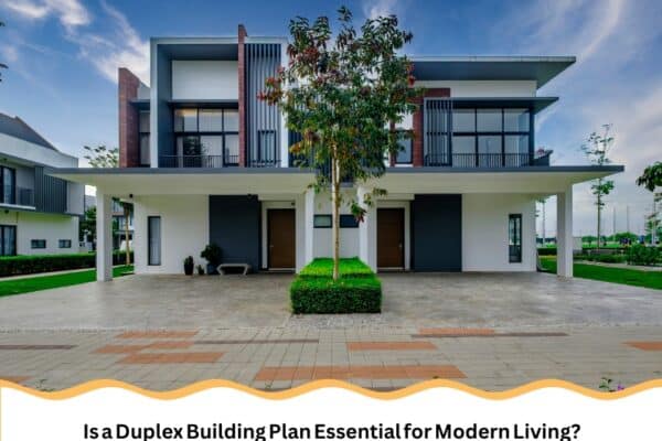 A modern two-storey duplex home with mirrored layouts and landscaped frontage, representing a completed duplex building plan.
