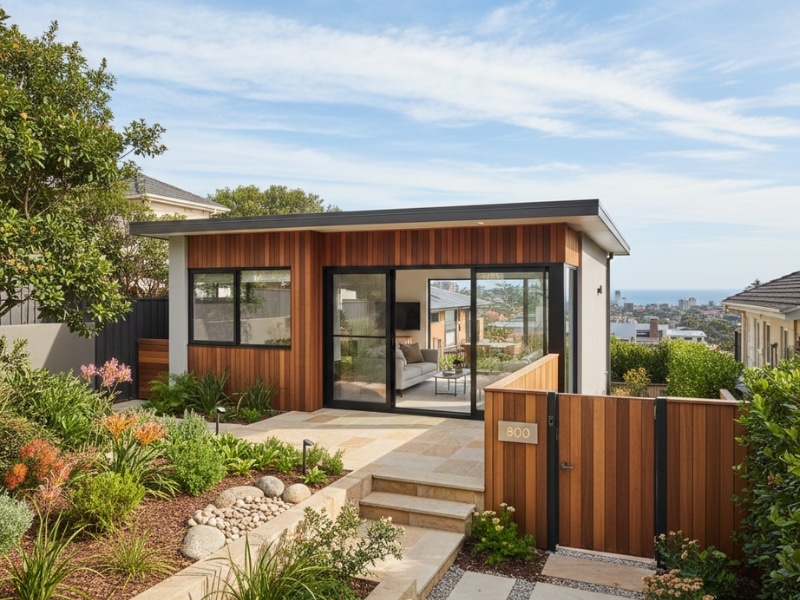 Modern granny flat design in Sydney’s Eastern Suburbs with private access and landscaped outdoor area